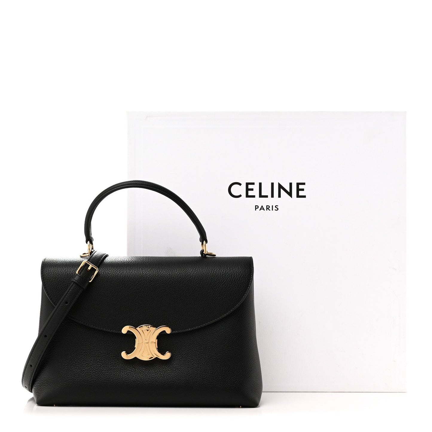 Celine black calfskin medium Nino handbag with curved top handle, long strap, gold clasp