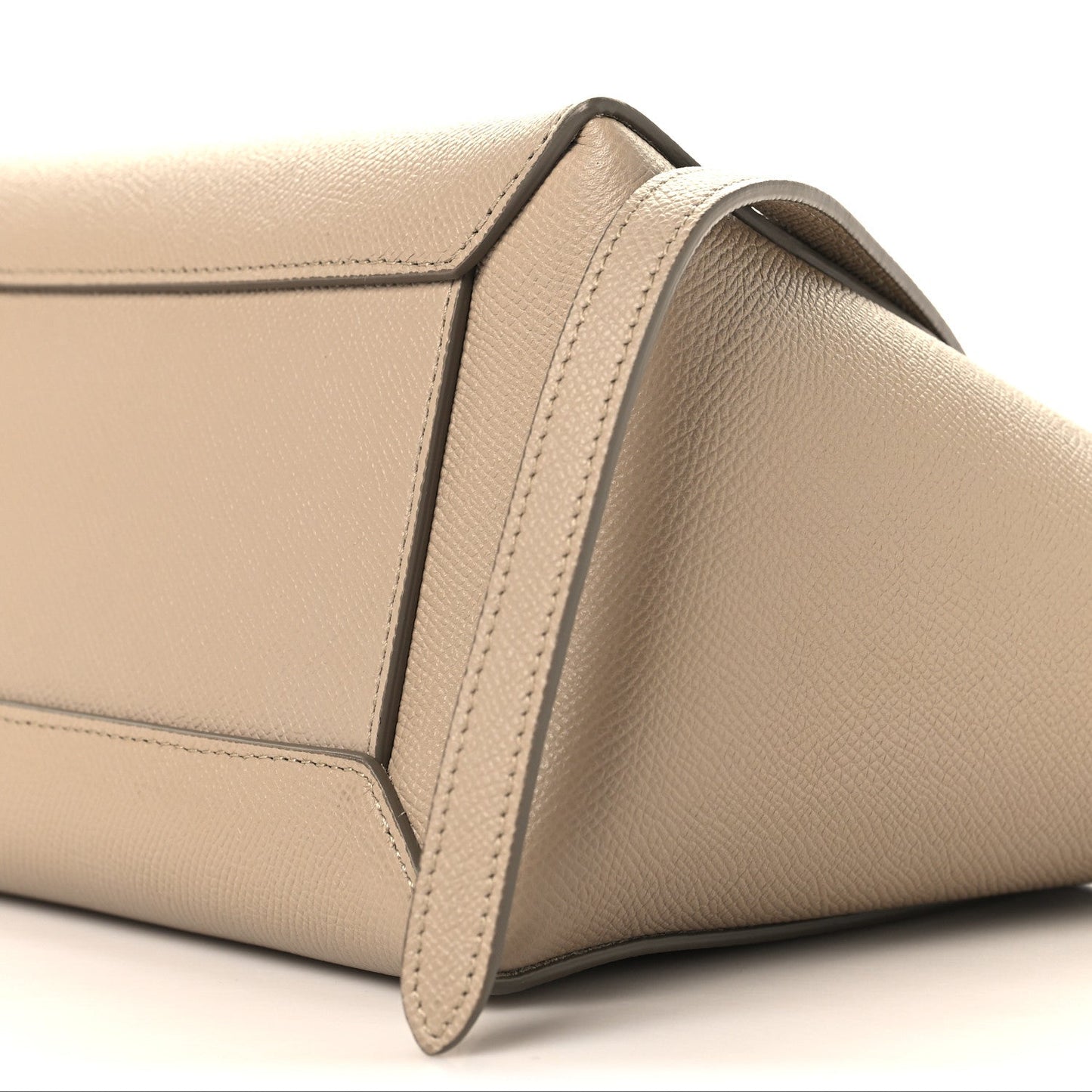 Celine light taupe micro belt bag side close-up of shoulder strap and stitching