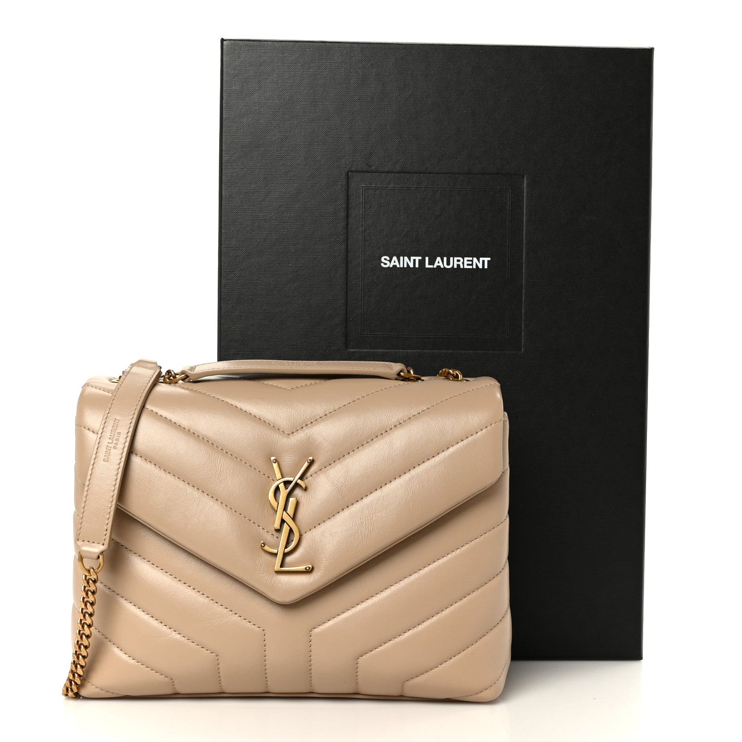 Saint Laurent Calfskin Y Quilted Monogram Small Loulou Chain Satchel Dark Beige