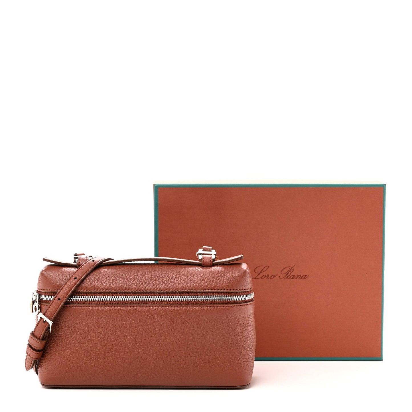 Loro Piana grained calfskin extra pocket pouch, rust-brown, front zip and strap