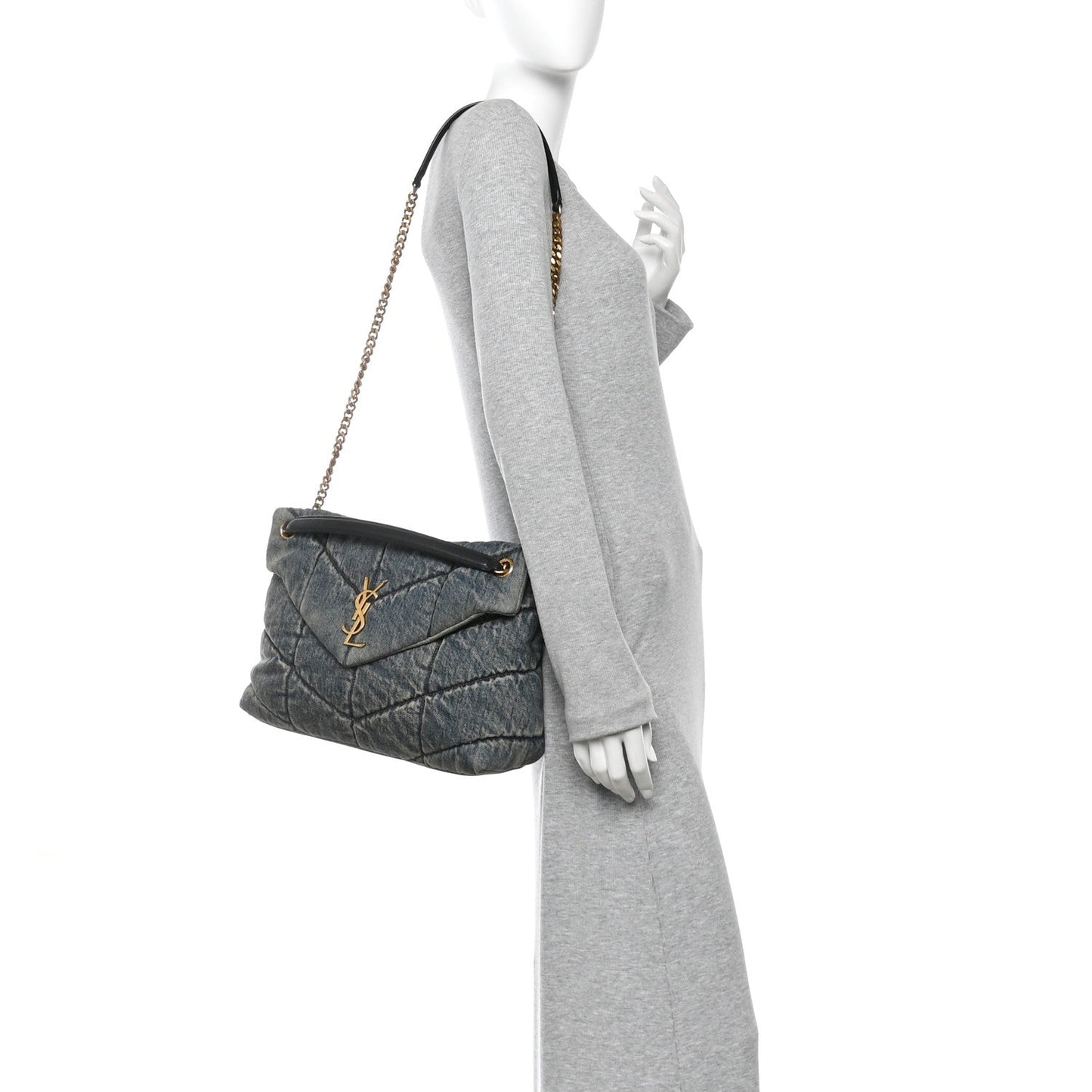 Saint Laurent Denim Quilted Medium Loulou Puffer Monogram Chain Satchel Blue Cinnamon