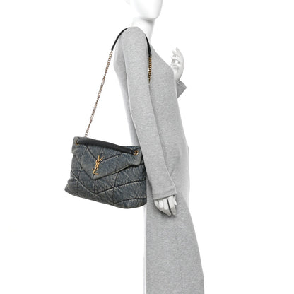 Saint Laurent Denim Quilted Medium Loulou Puffer Monogram Chain Satchel Blue Cinnamon