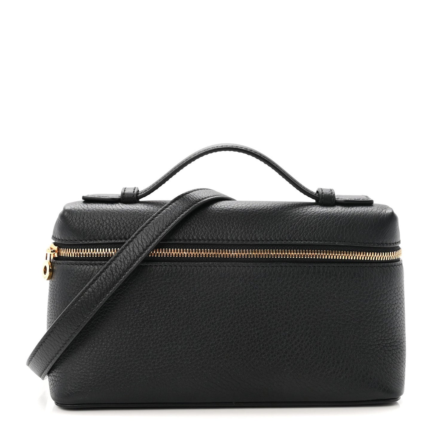 Loro Piana grained calfskin pouch in black with top handles and zip closure