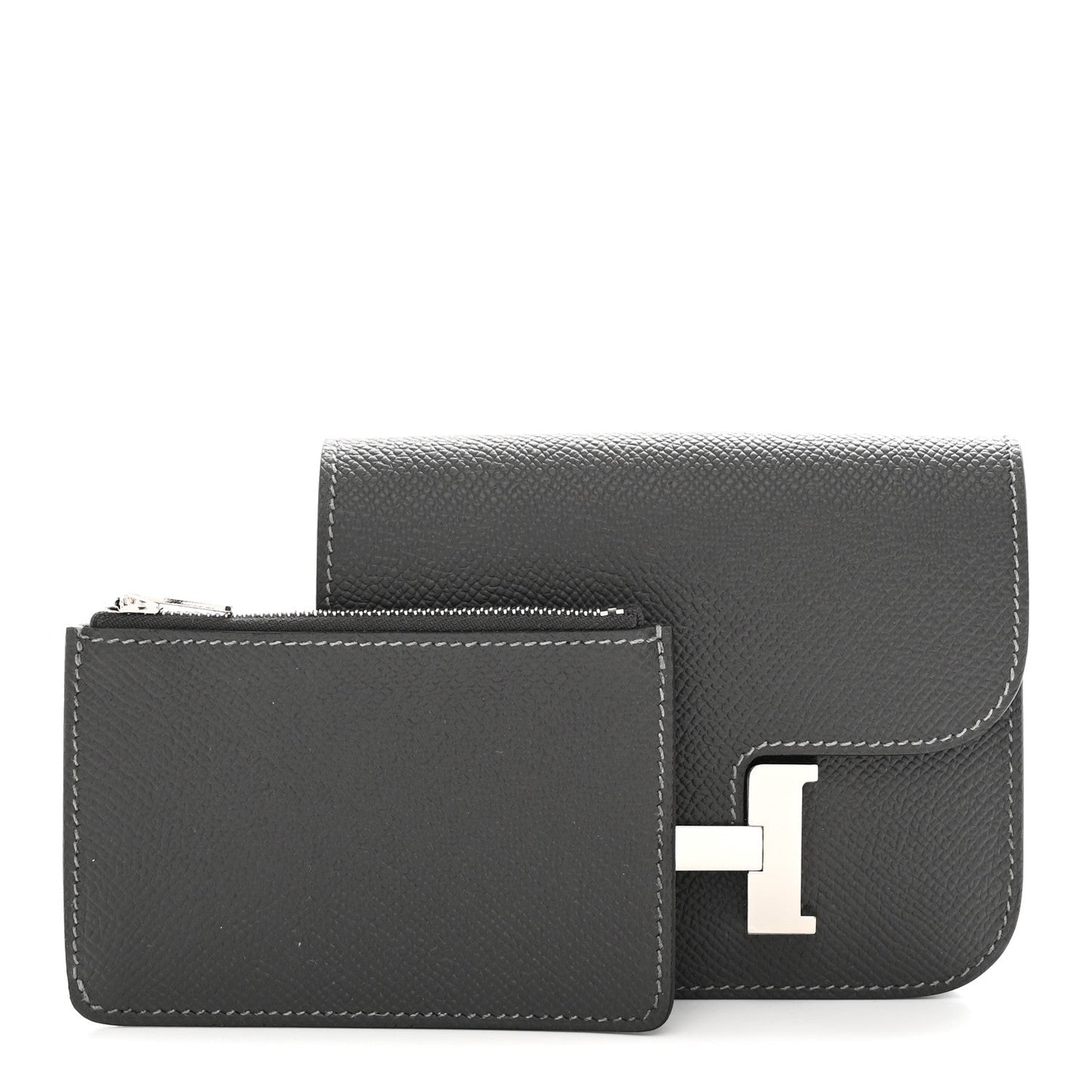 Constance slim wallet open with card pocket in dark textured leather