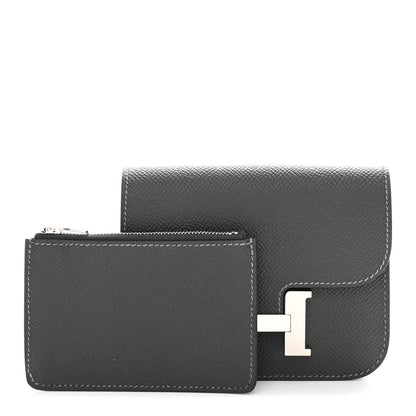Constance slim wallet open with card pocket in dark textured leather