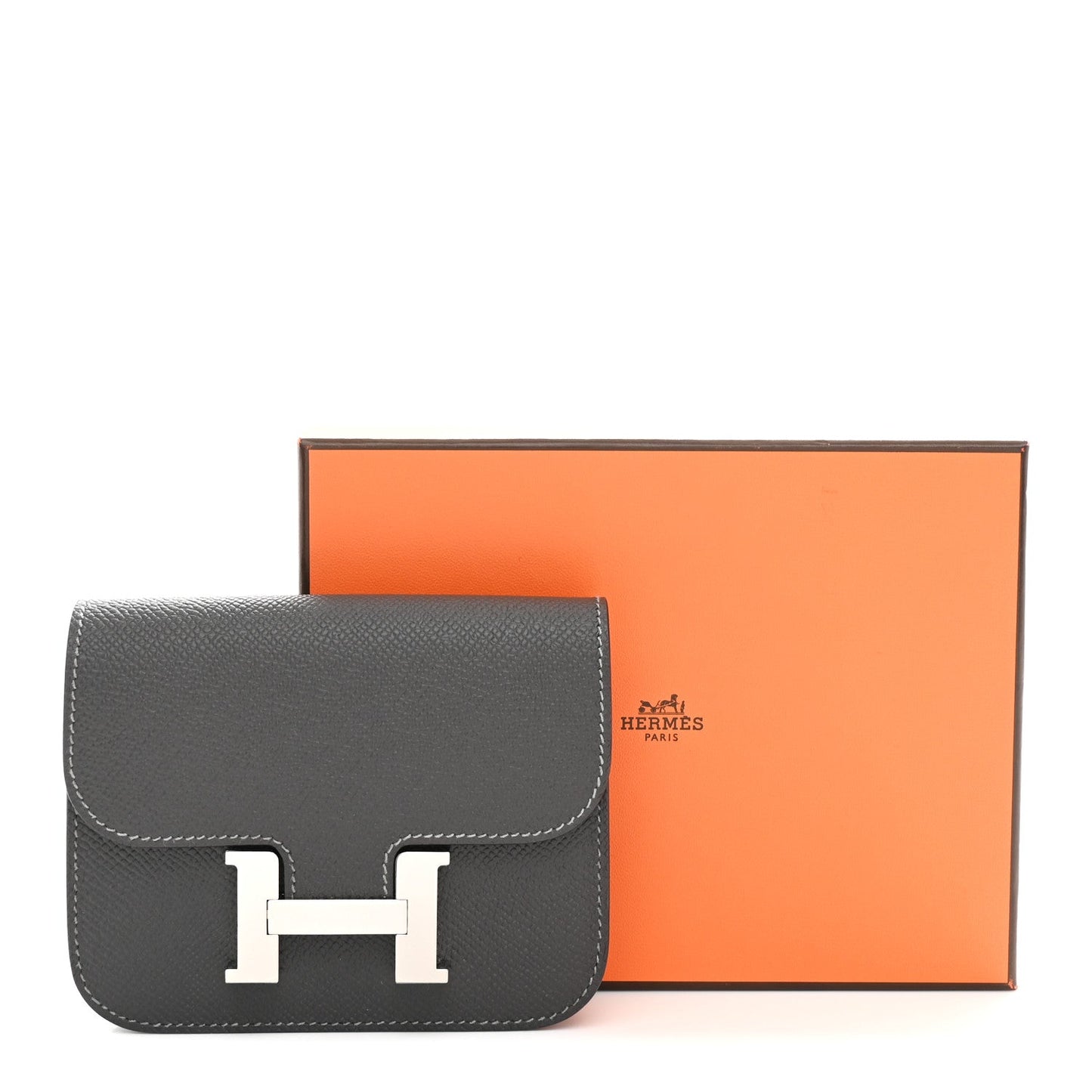 Constance slim wallet in dark leather with H clasp and contrast white stitching