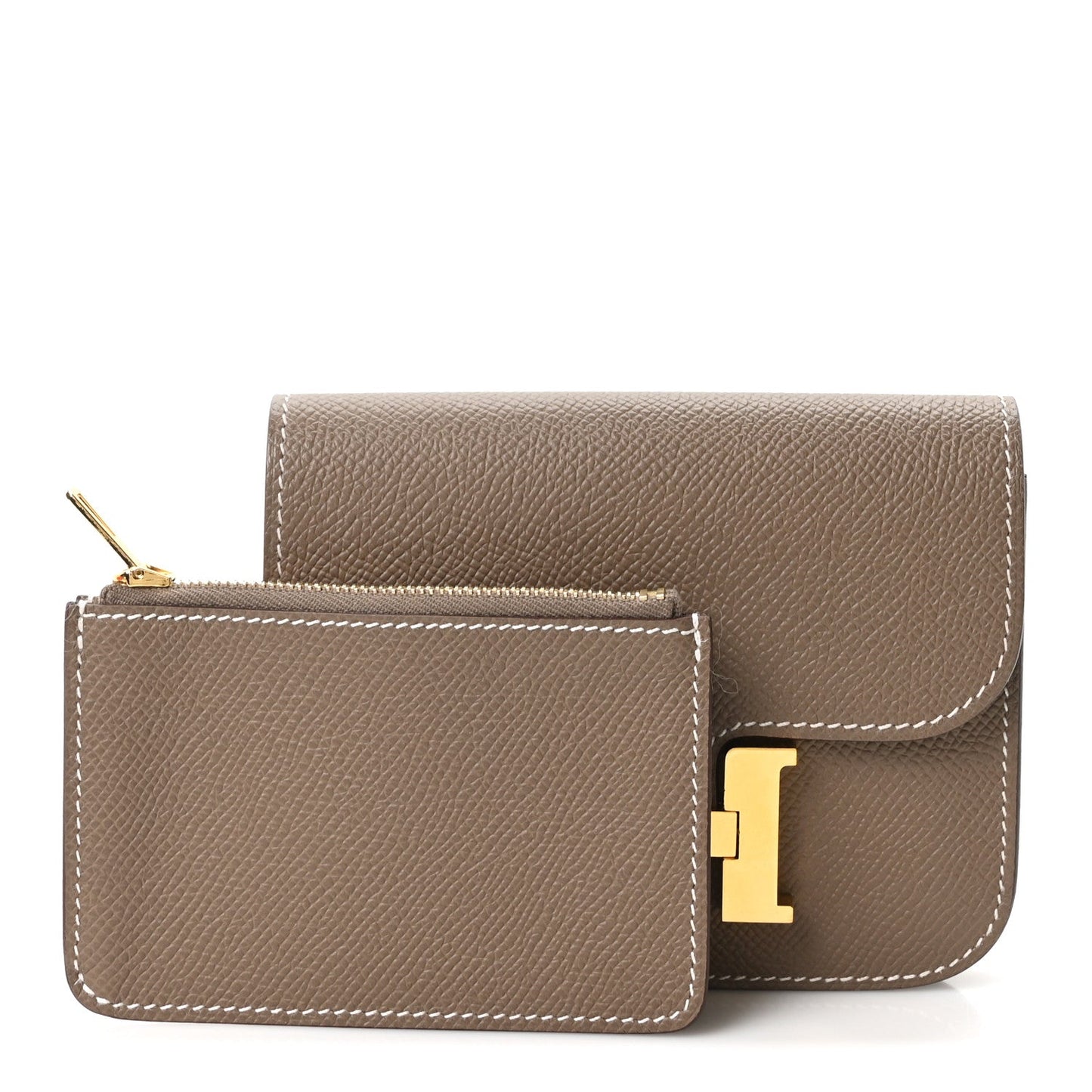 Hermes Constance slim wallet, etoupe textured leather, gold H clasp