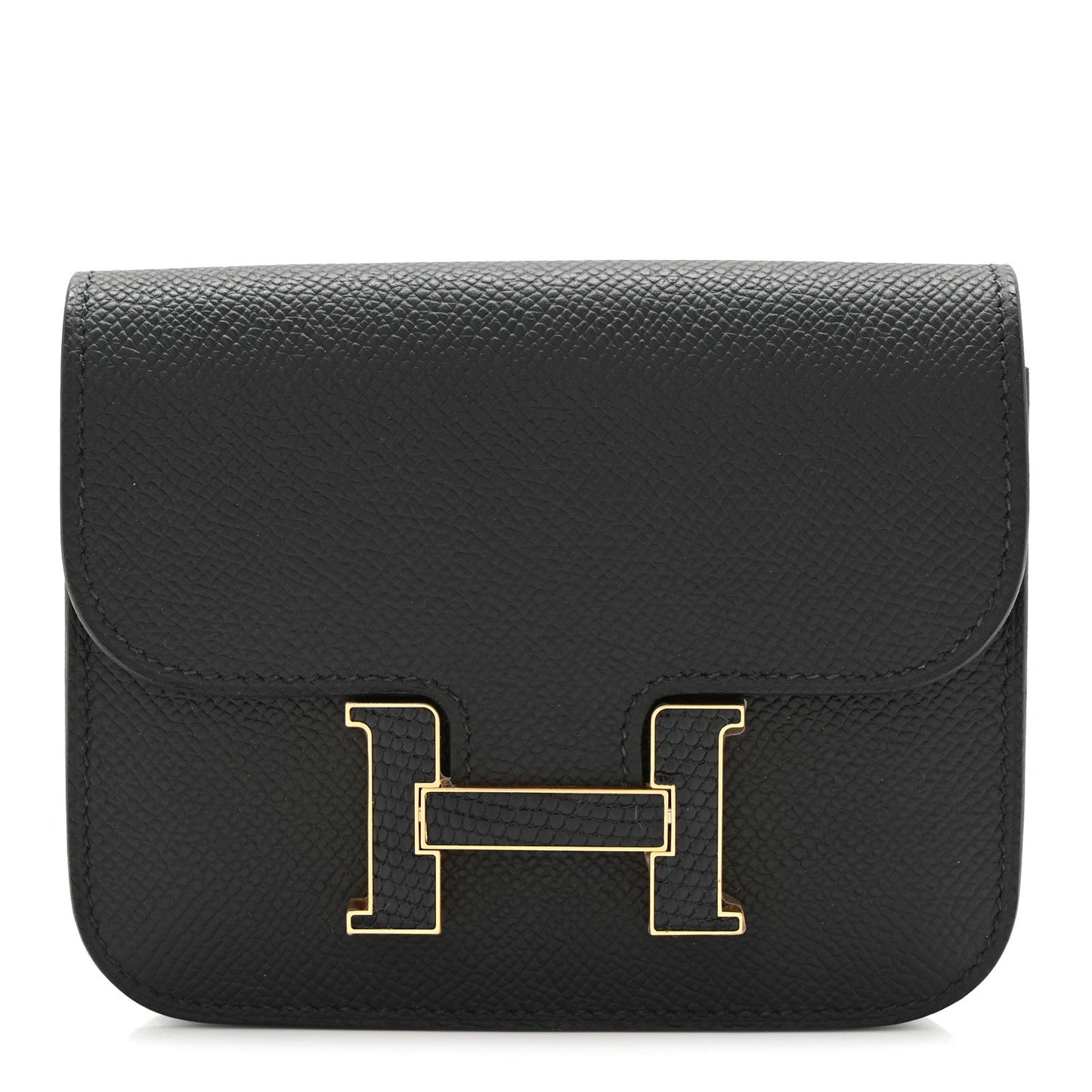 Black slim wallet with gold H clasp, textured epsom leather foldover