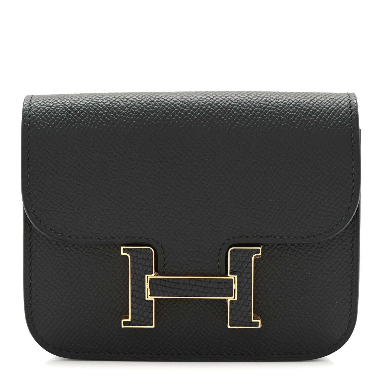 Black slim wallet with gold H clasp, textured epsom leather foldover