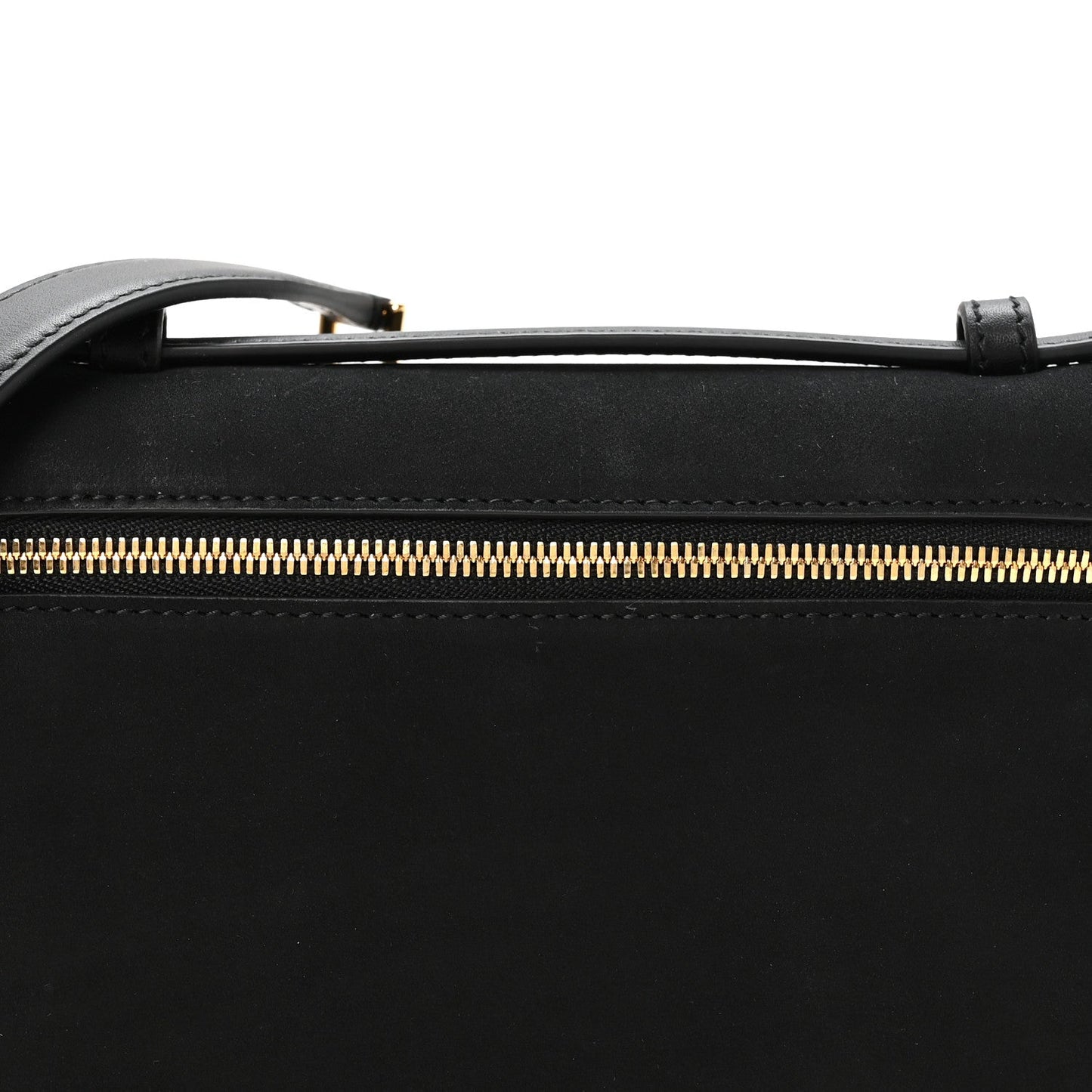 Black pouch with gold-tone zipper and stitched trim