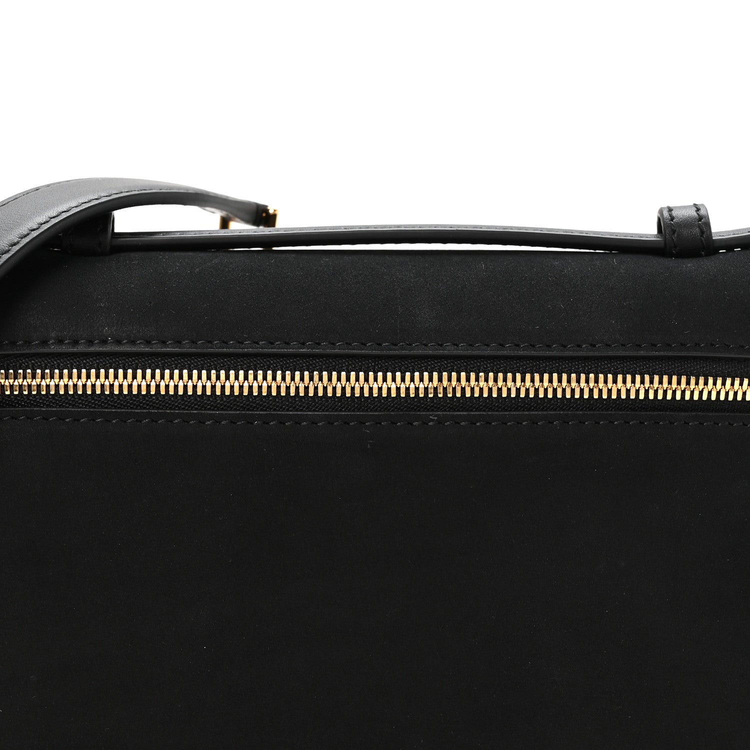 Black pouch with gold-tone zipper and stitched trim