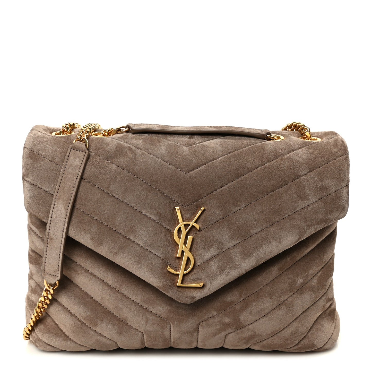 SAINT LAURENT Suede Y Quilted Monogram Medium Loulou Chain Satchel Taupe