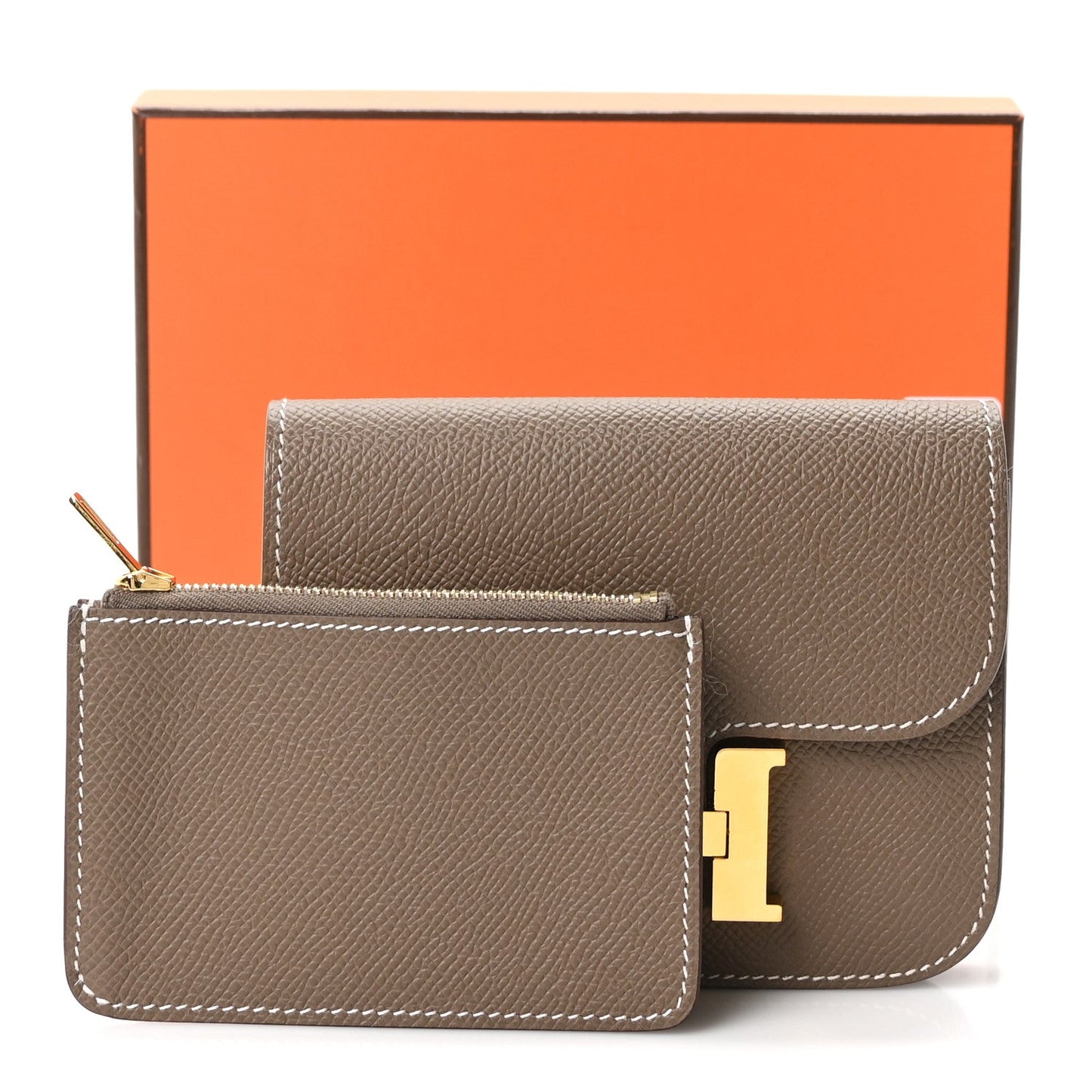 Hermes Epsom slim wallet in etoupe gray leather, front flap and gold clasp
