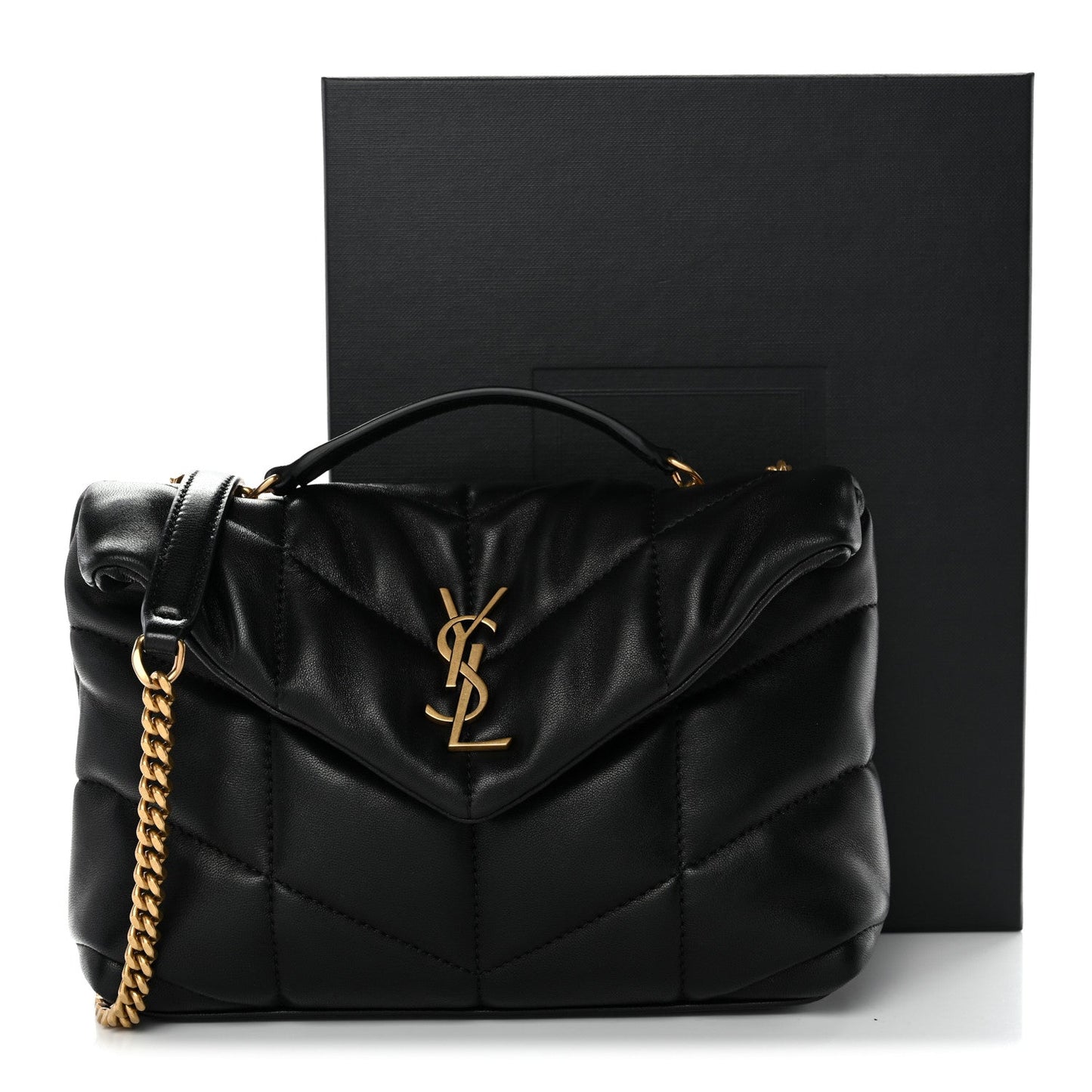 Saint Laurent Lambskin Quilted Toy Loulou Puffer Monogram Chain Satchel Black