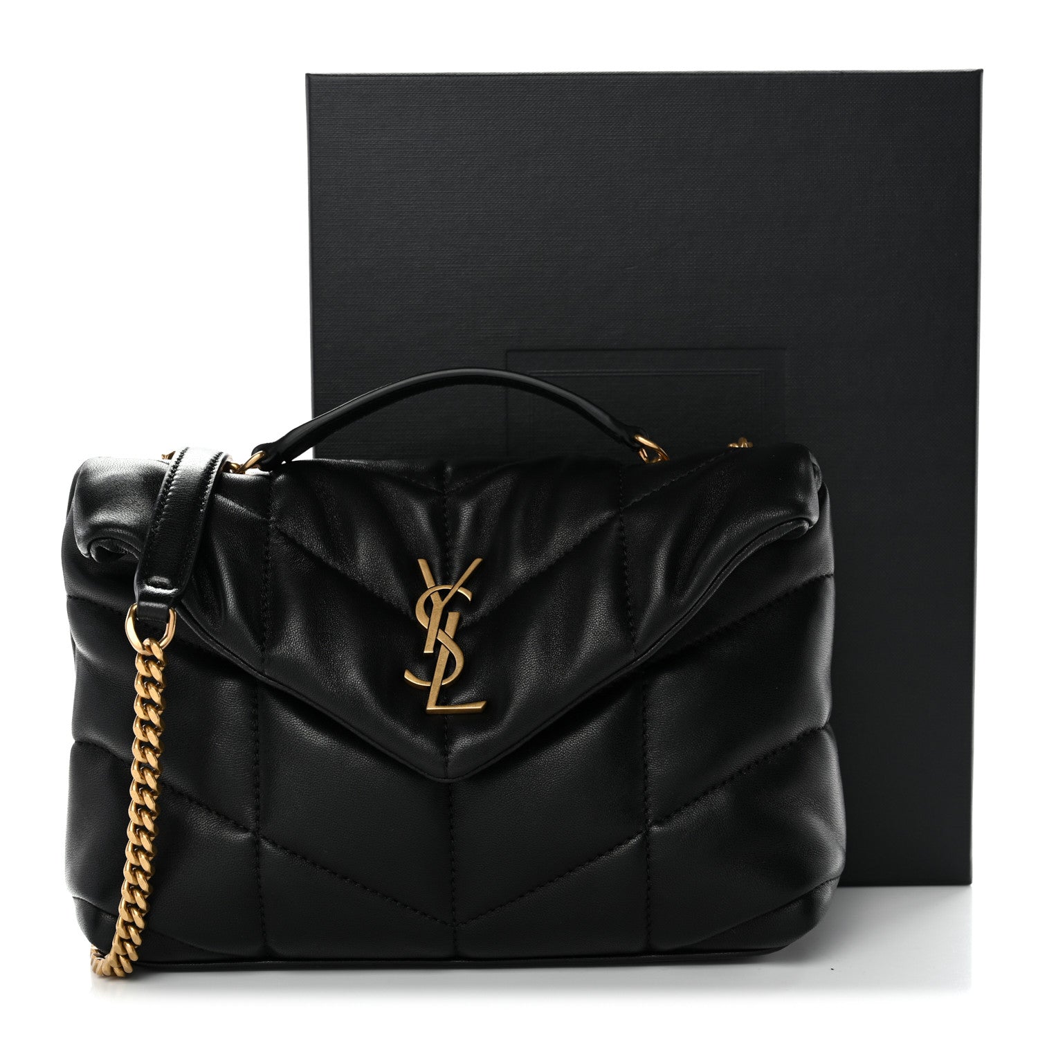 Saint Laurent Lambskin Quilted Toy Loulou Puffer Monogram Chain Satchel Black