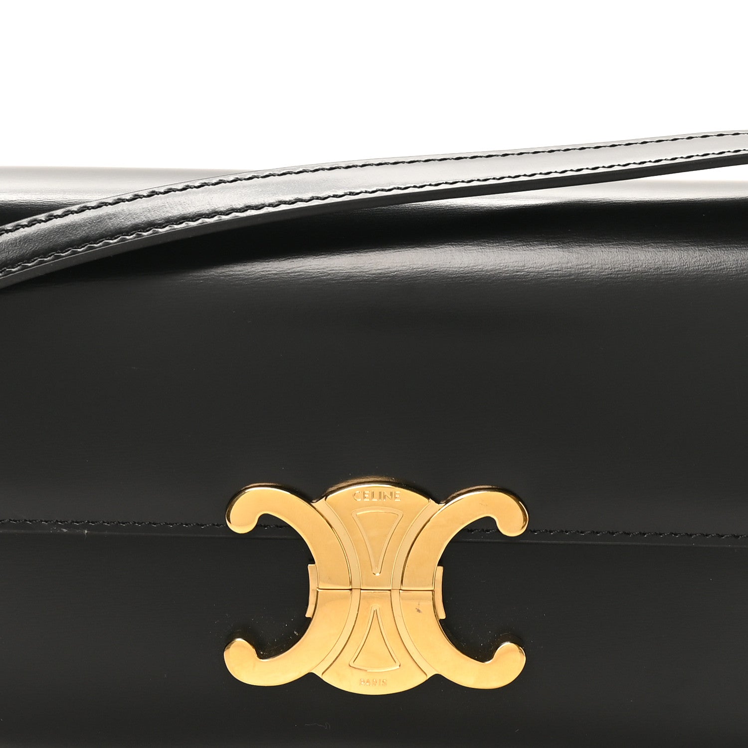 Gold-tone Triomphe logo centered on black shiny leather shoulder bag front