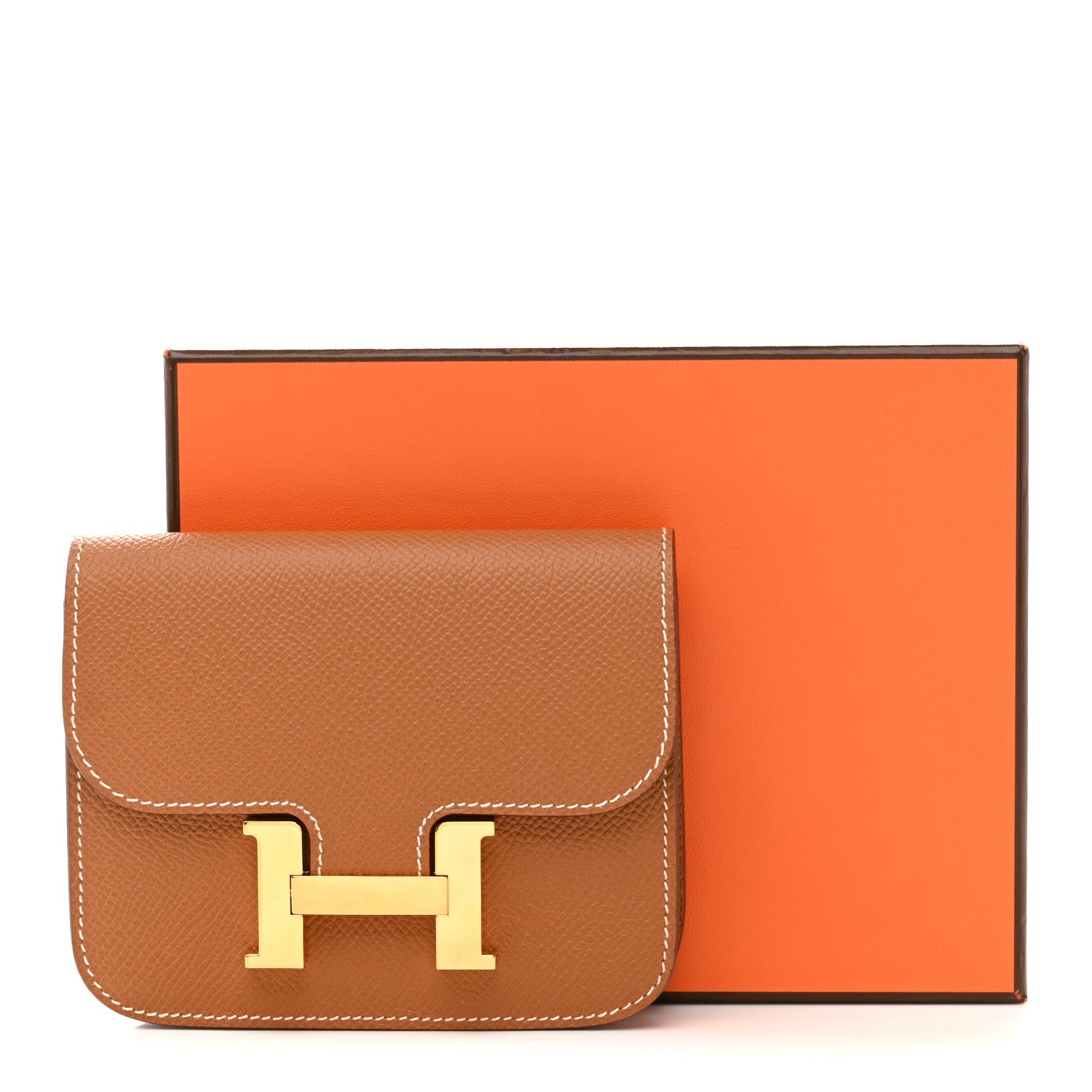 Taupe slim leather wallet with gold-tone H clasp and contrast white stitching.