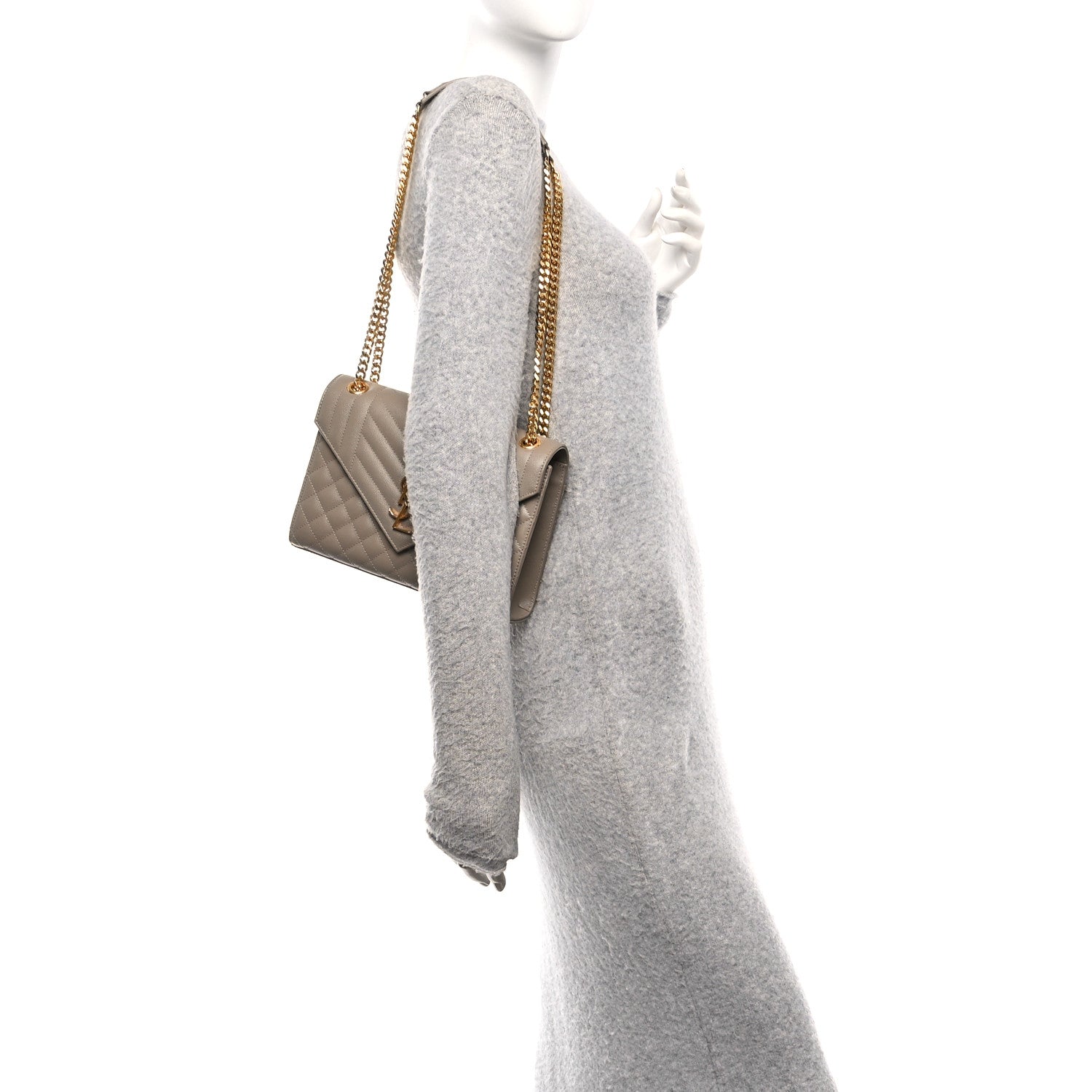 Saint Laurent Grain de Poudre Matelasse Medium Triquilt Satchel Dusty Grey