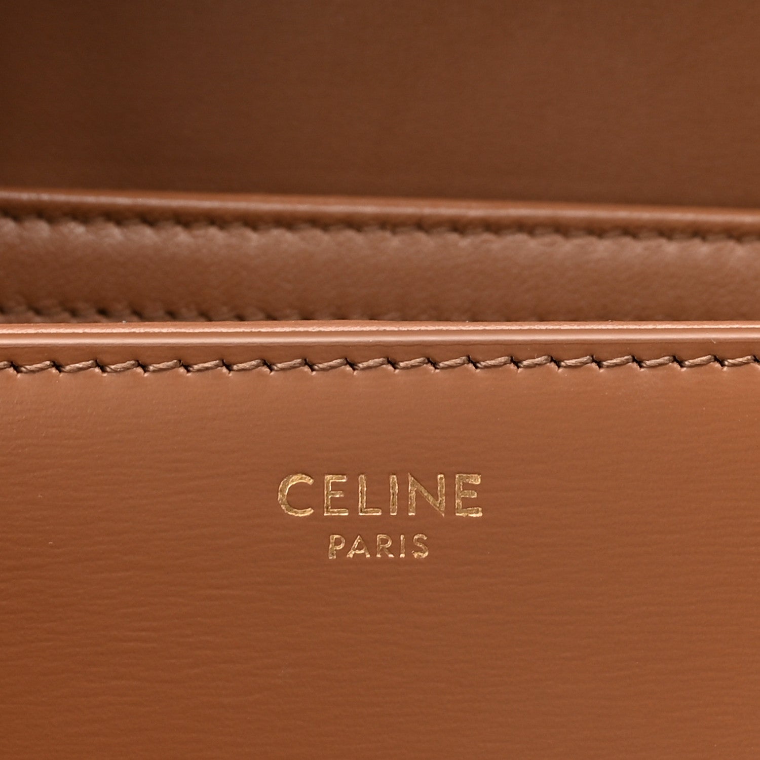 Calfskin bag panel with “CELINE PARIS” stamp and contrast topstitching