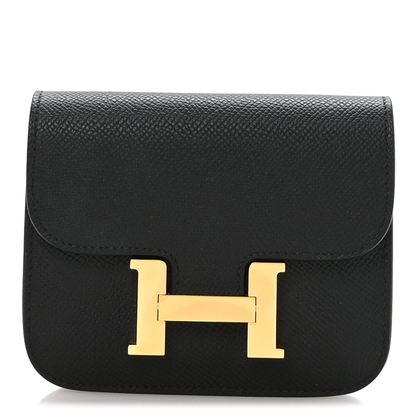 Hermes Constance slim wallet in black Epsom leather with gold H clasp front