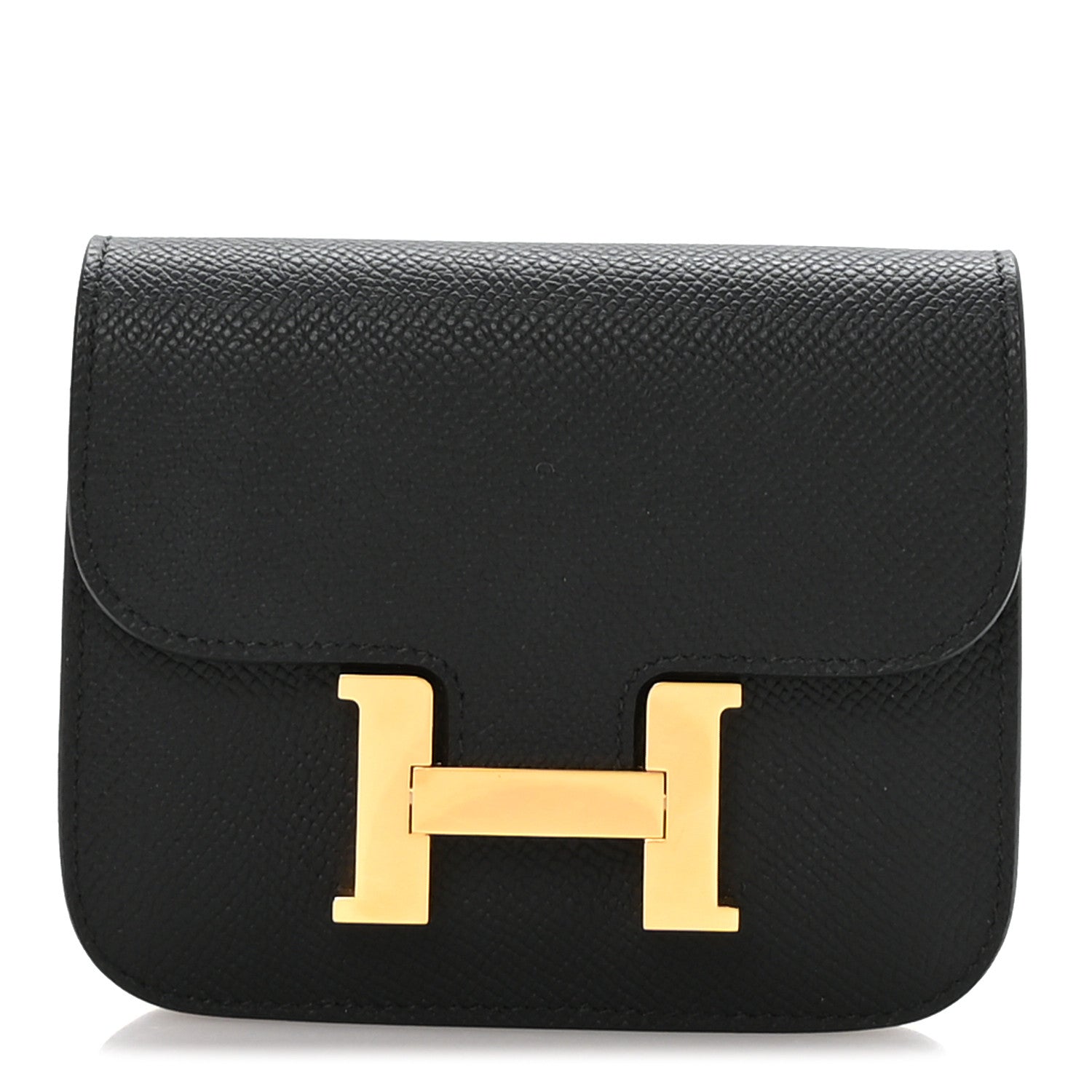 Hermes Constance slim wallet in black Epsom leather with gold H clasp front
