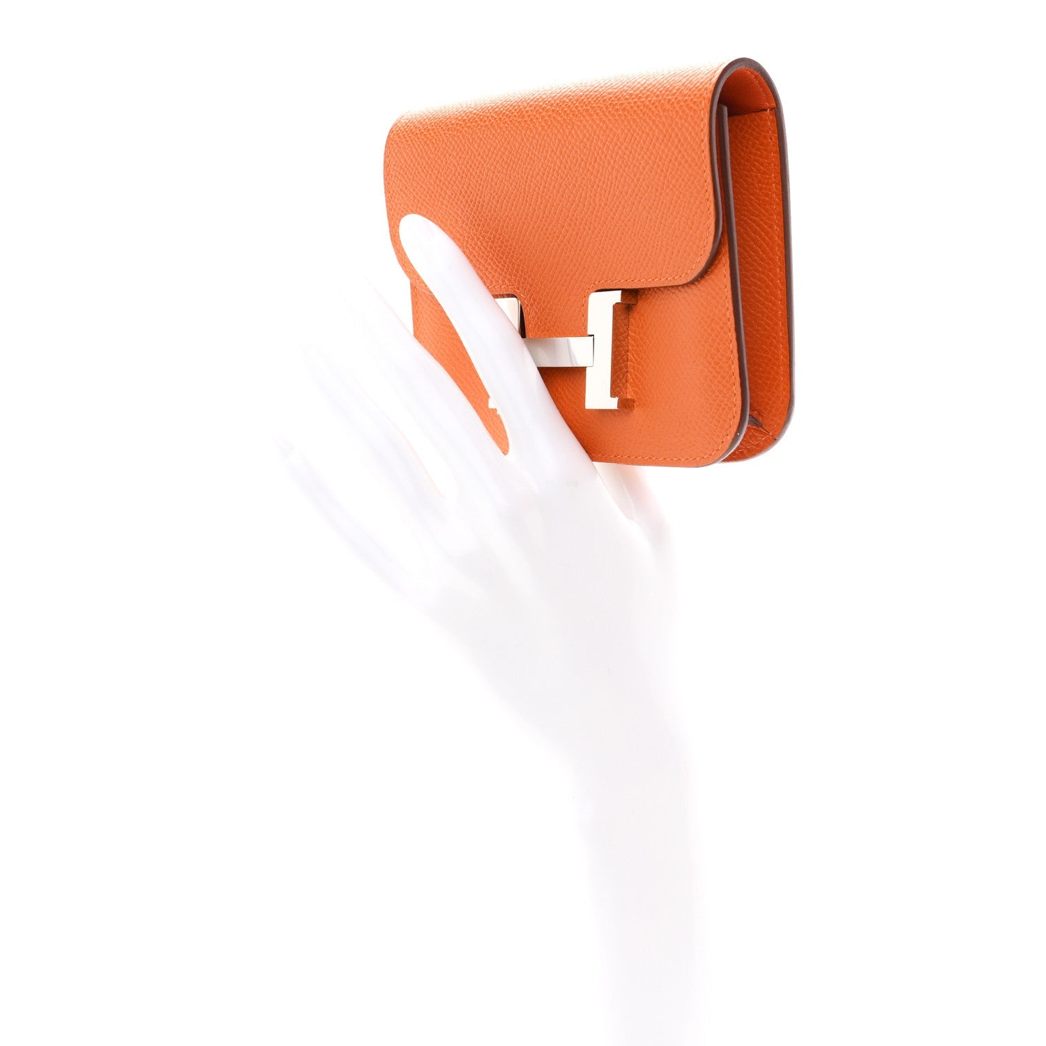 Orange Epsom leather slim wallet with H clasp, opened side view.