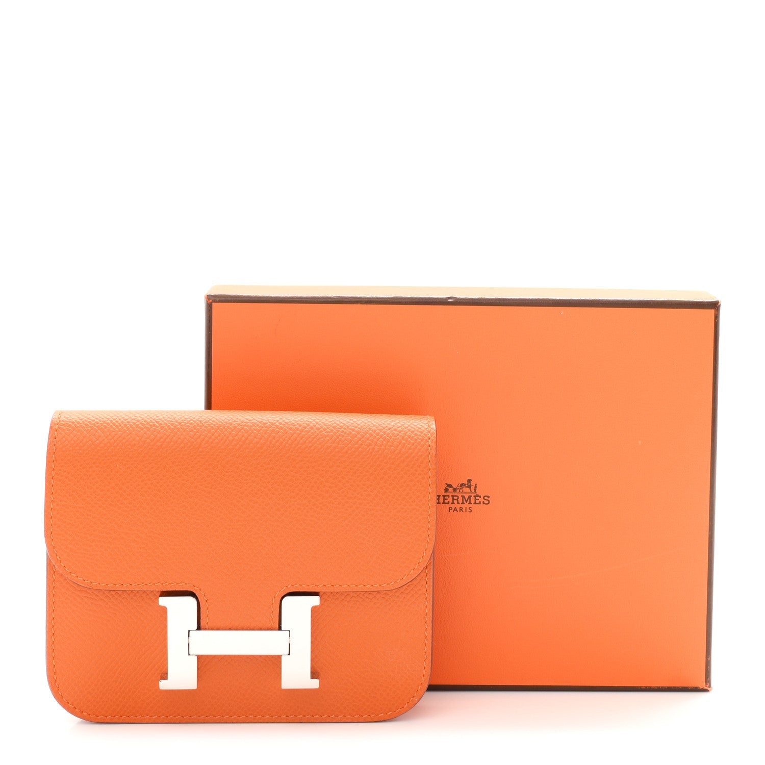 Orange Epsom leather slim wallet with H clasp, shown with orange box.