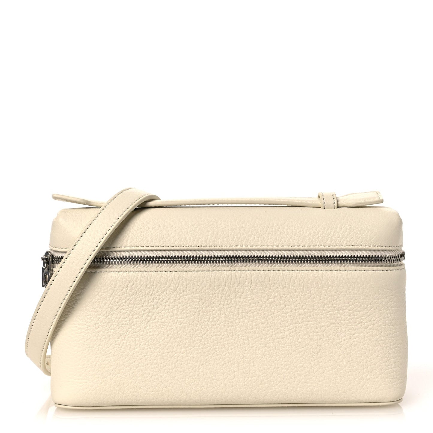 Whisper white grained calfskin pouch front view with top zip and shoulder strap