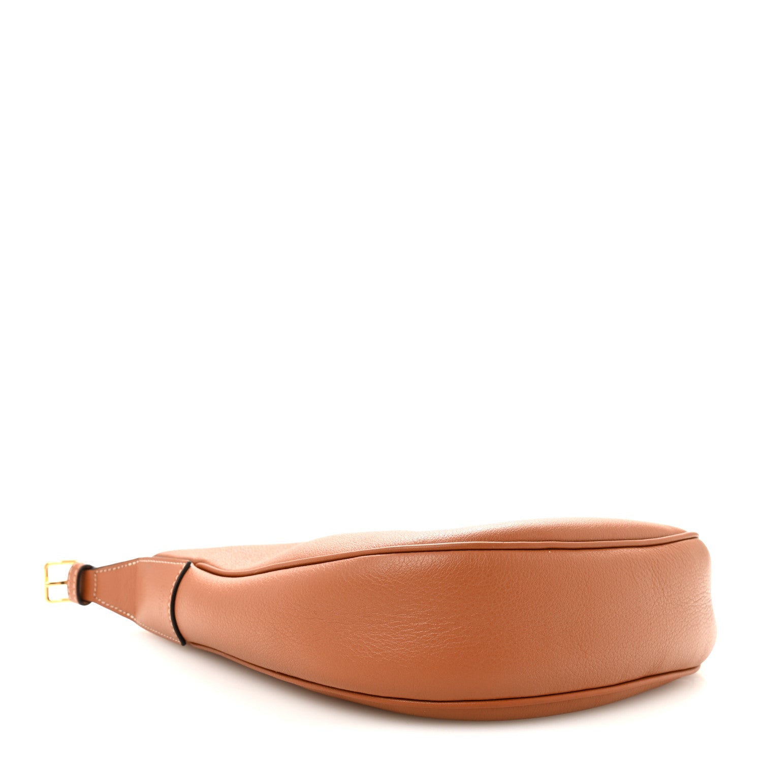 Tan leather belt-style hobo bag with curved silhouette and stitched edges