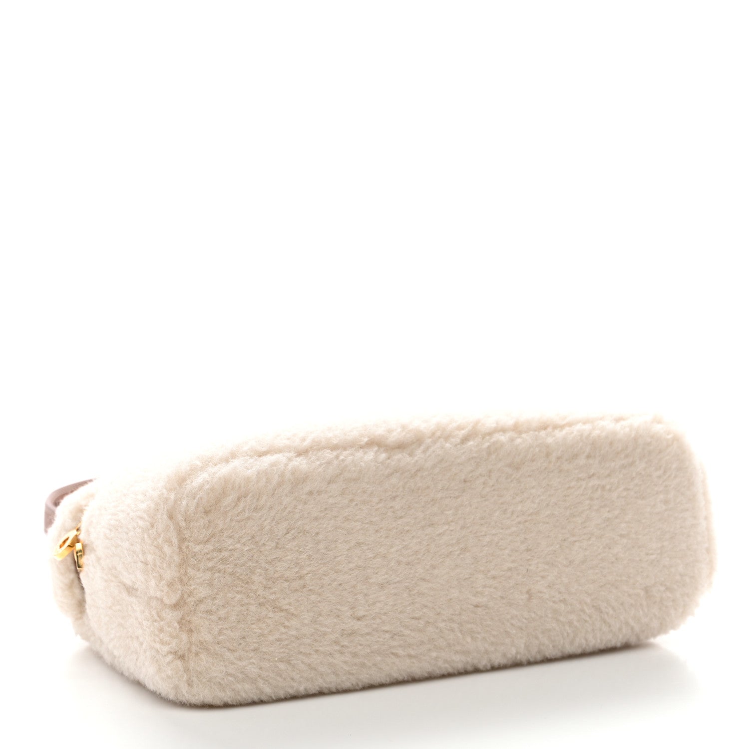 Cream faux-fur pouch with gold zipper end and curved top edge