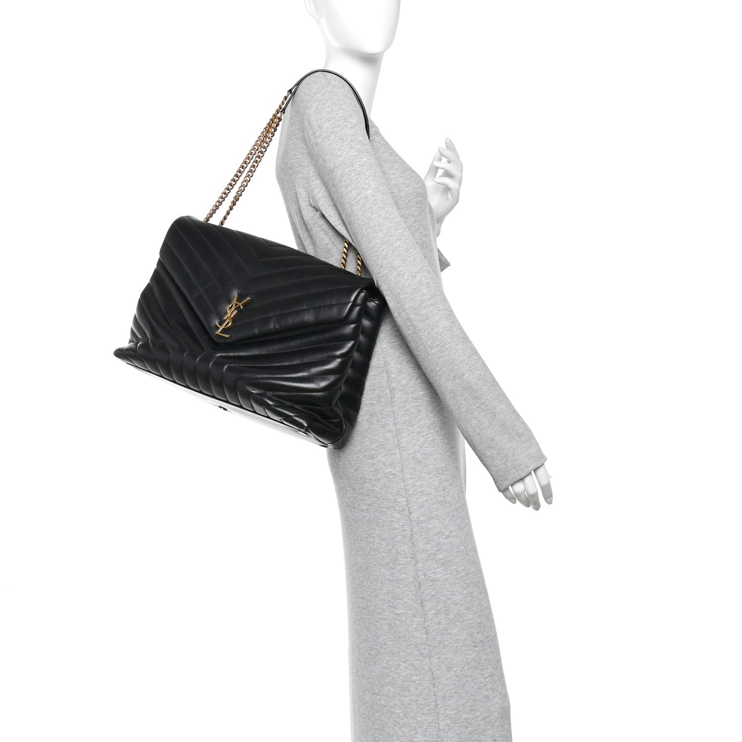 Saint Laurent Calfskin Y Quilted Monogram Large Loulou Chain Satchel Black