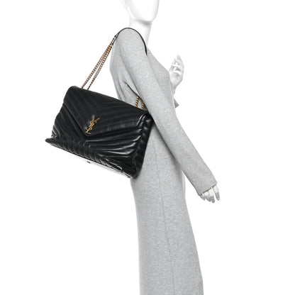 Saint Laurent Calfskin Y Quilted Monogram Large Loulou Chain Satchel Black