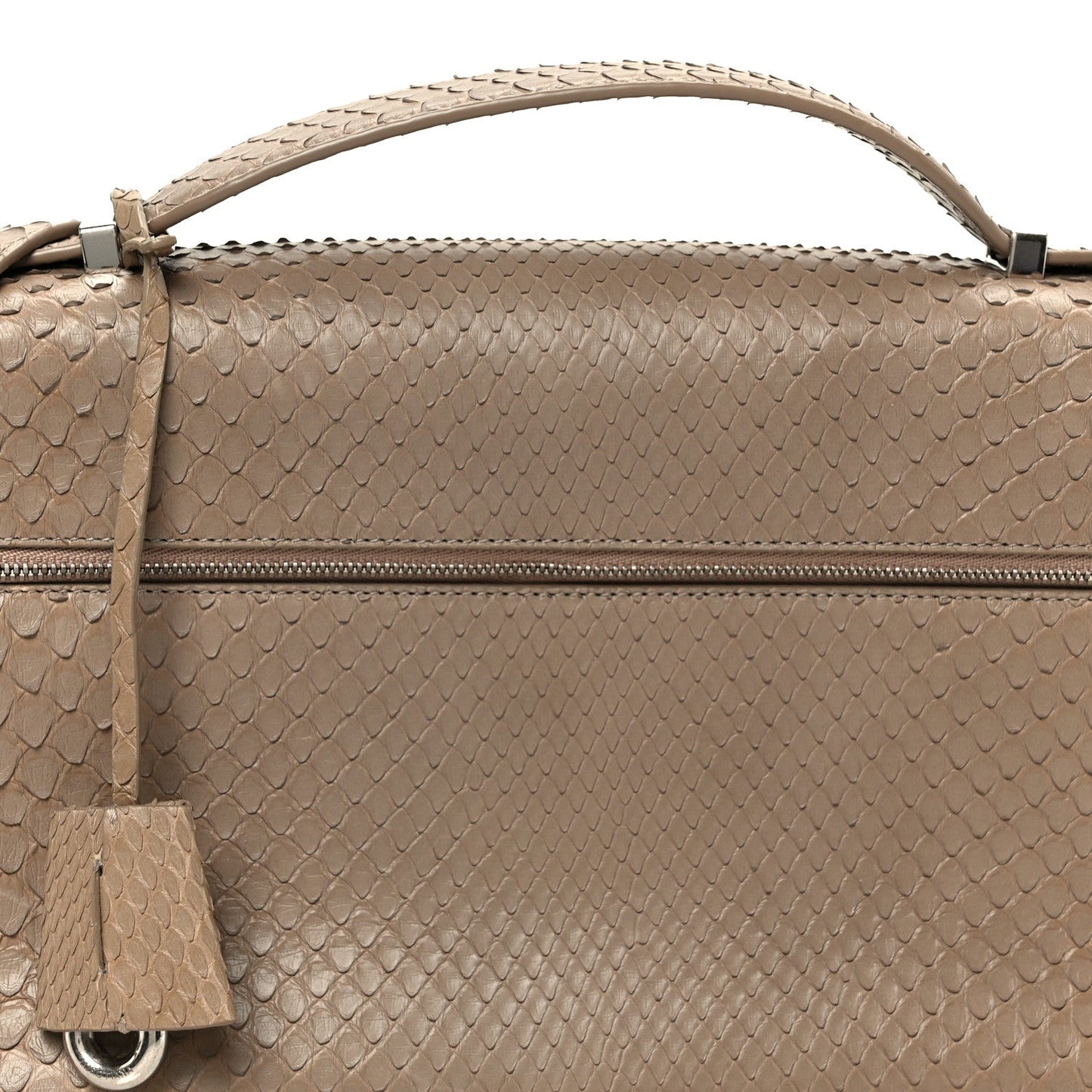Matte snakeskin handbag front close-up with zipper, handle, and extra pocket detail
