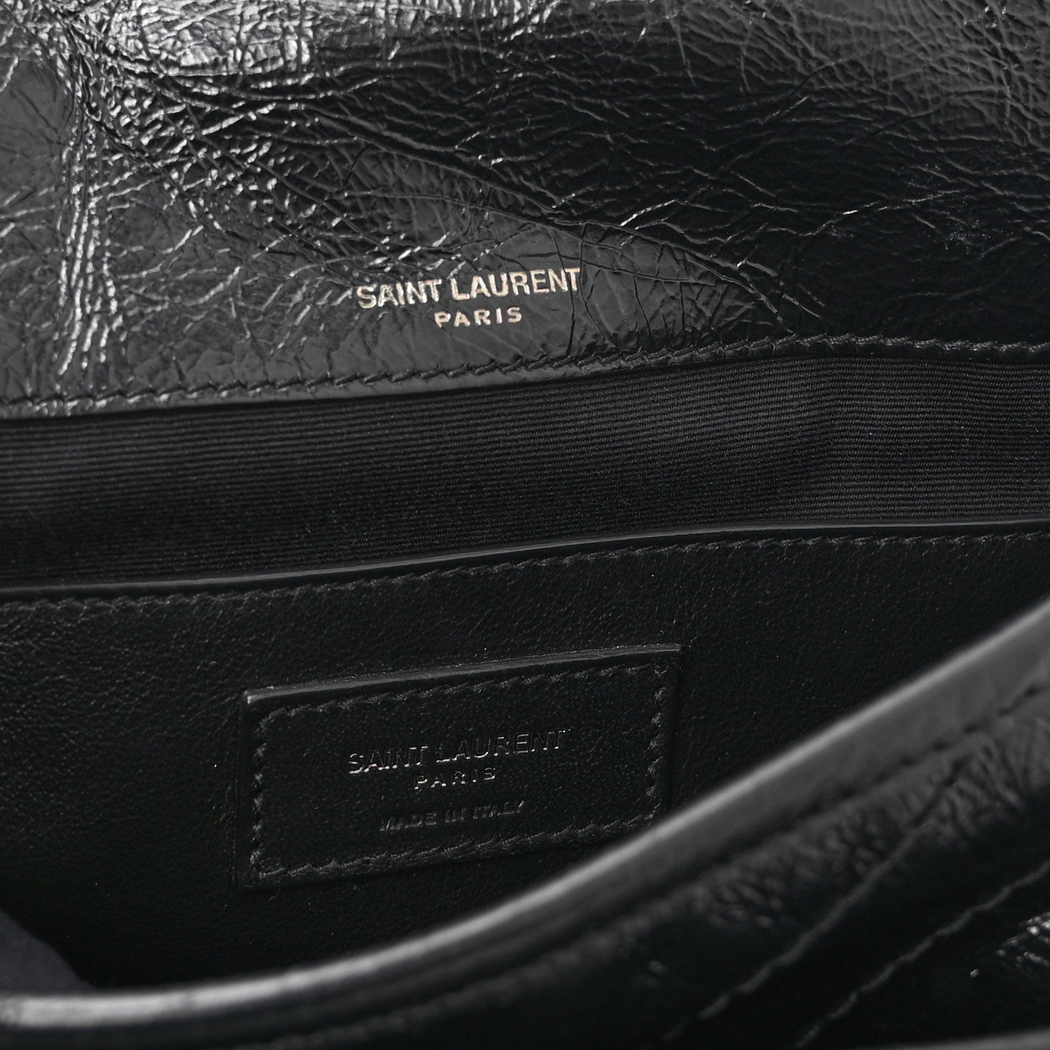 Saint Laurent Crinkled Calfskin Matelasse Monogram Baby Niki Chain Satchel Black