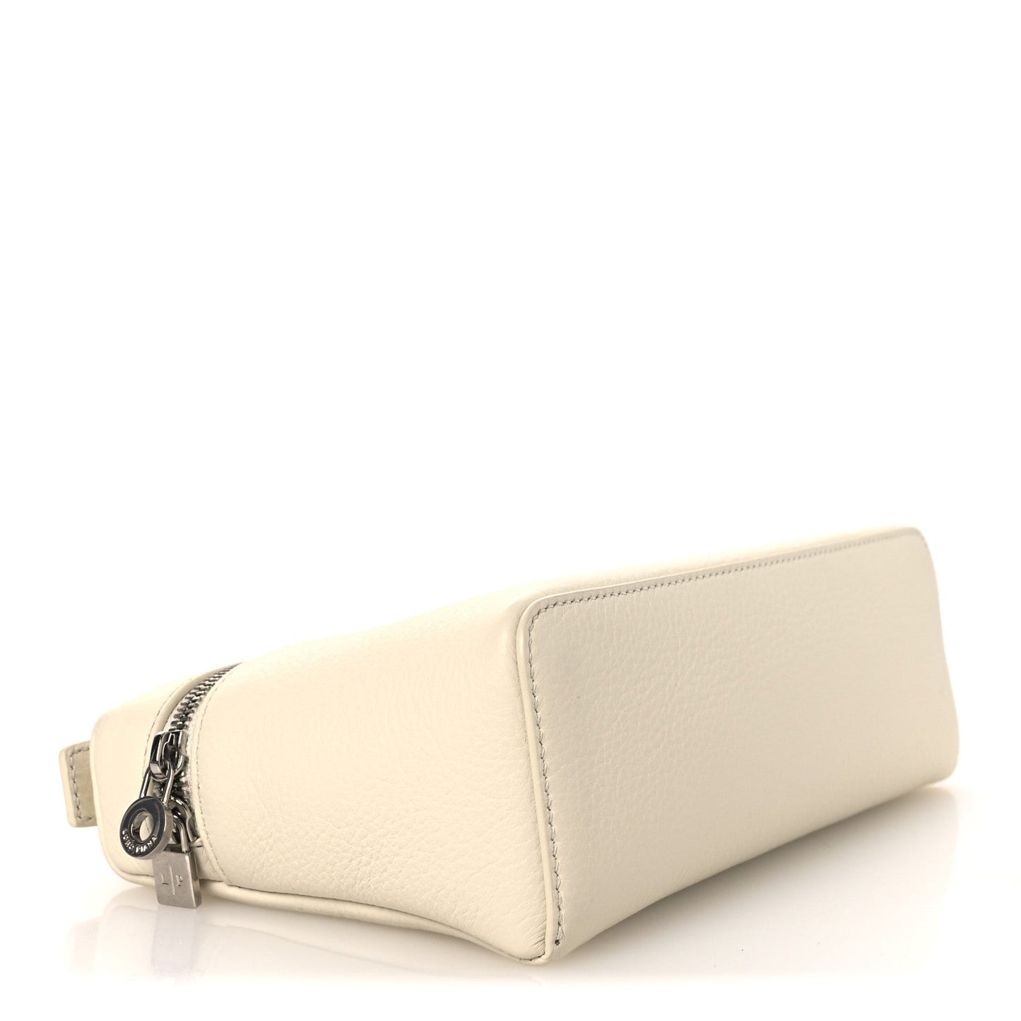 Whisper white grained calfskin pouch end view with zipper corner hardware