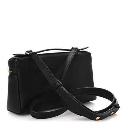 Black grained leather pouch with adjustable crossbody strap and gold-tone zipper