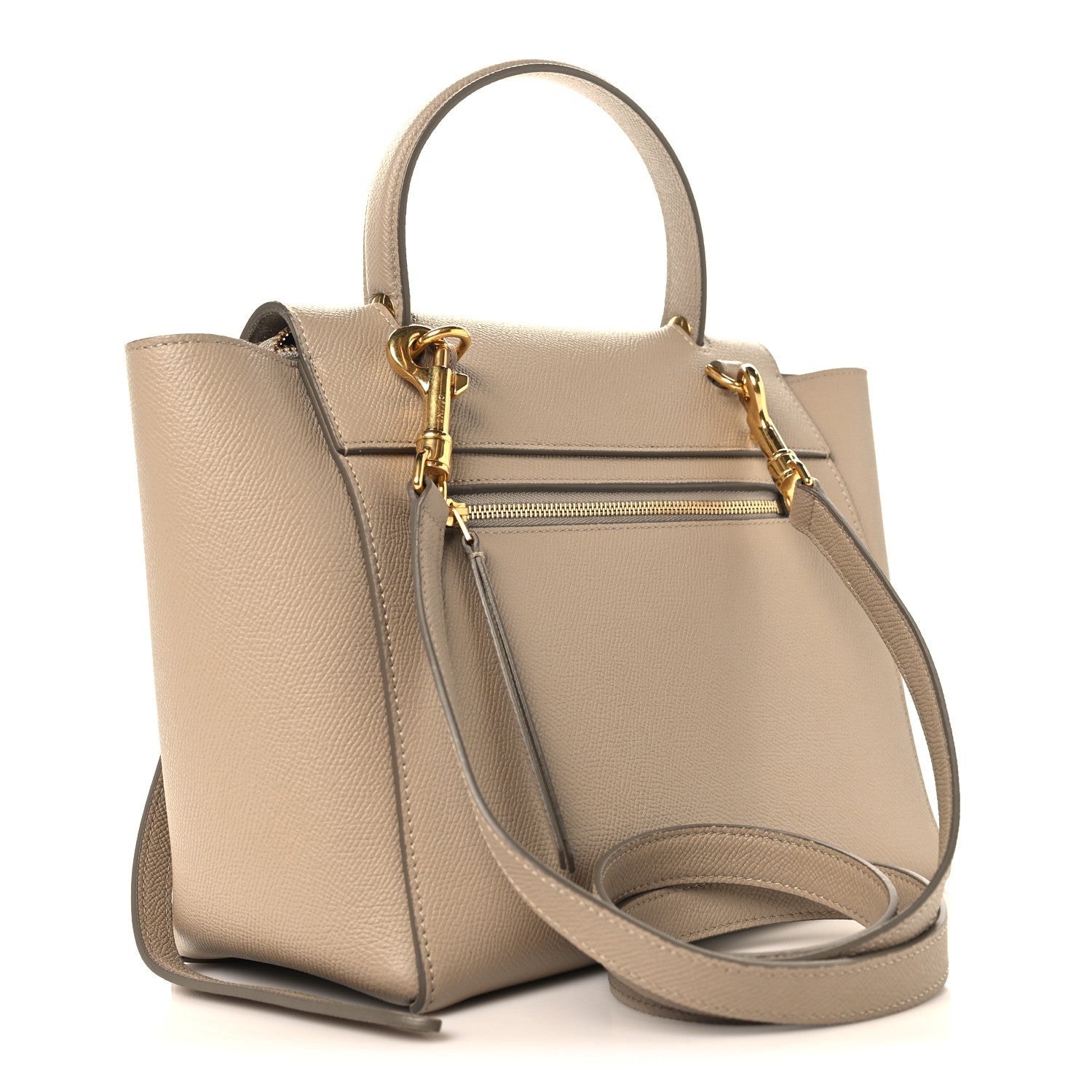 Celine light taupe micro belt bag with gold hardware, top handle, and front zip pocket