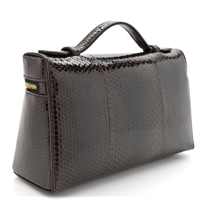 Loro Piana lizard leather extra pocket pouch, side view with top handle and gold zipper