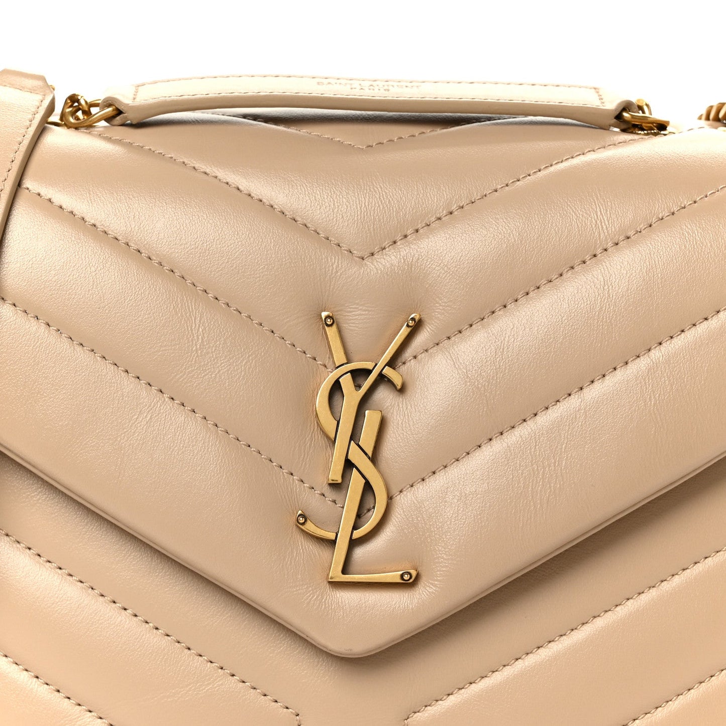 Saint Laurent Calfskin Y Quilted Monogram Small Loulou Chain Satchel Dark Beige