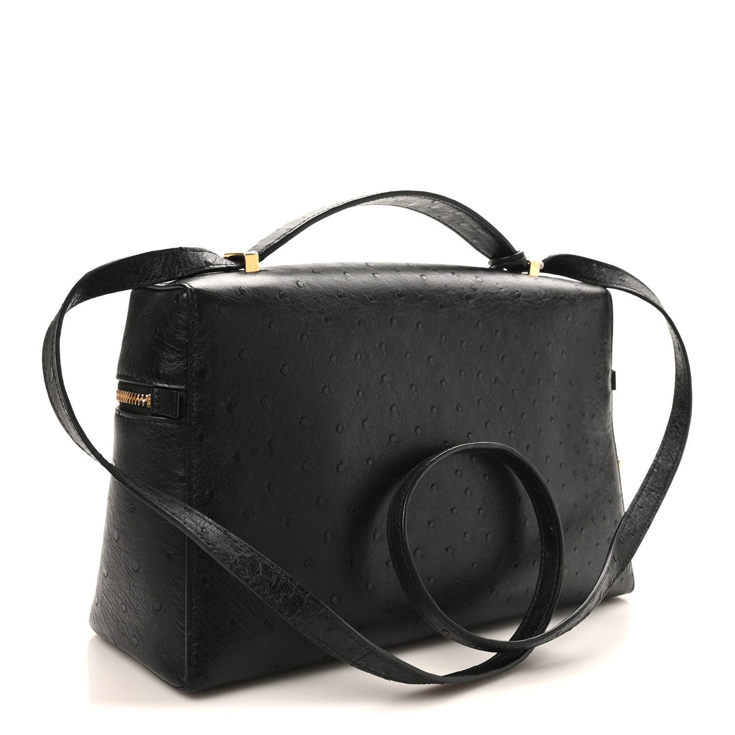 Black ostrich leather satchel with front zipper, wide strap, and gold-tone accents.