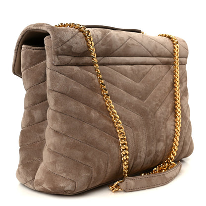 SAINT LAURENT Suede Y Quilted Monogram Medium Loulou Chain Satchel Taupe