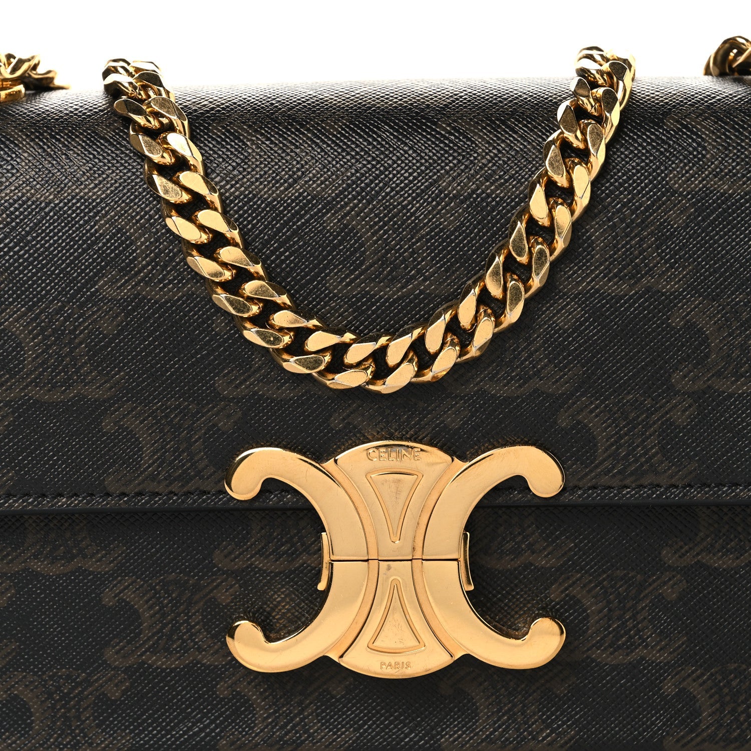 Celine Triomphe canvas shoulder bag front with gold chain and large C emblem