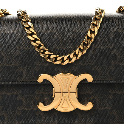 Celine Triomphe canvas shoulder bag front with gold chain and large C emblem