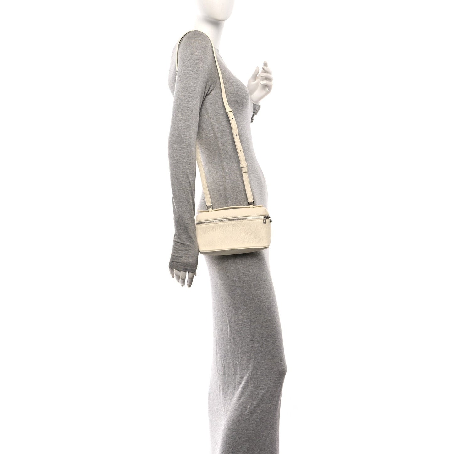 Loro Piana grained calfskin pouch in white, worn crossbody with top zip