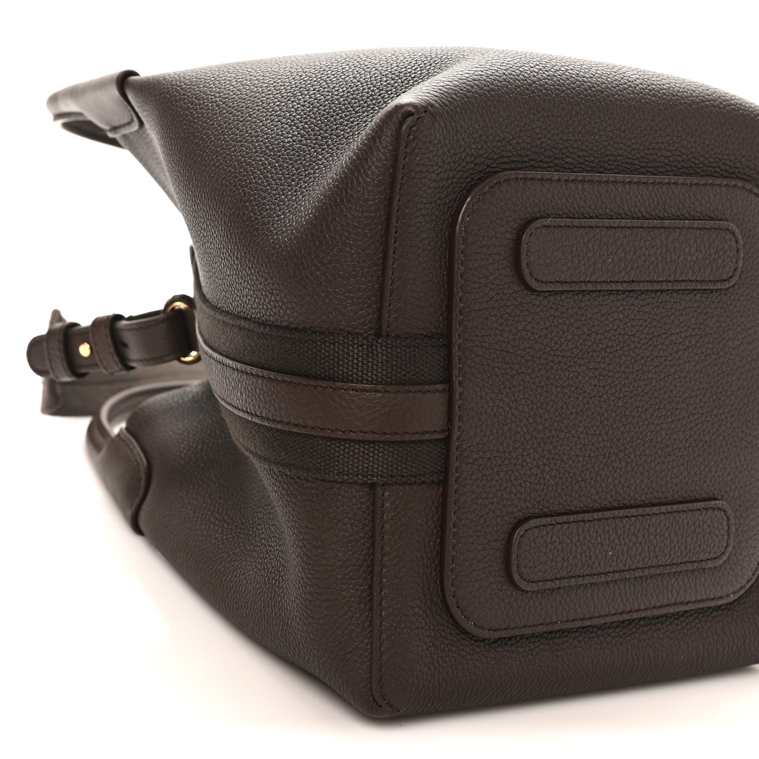 Dark brown grained calfskin small bale bag front with embossed rectangles and belt strap