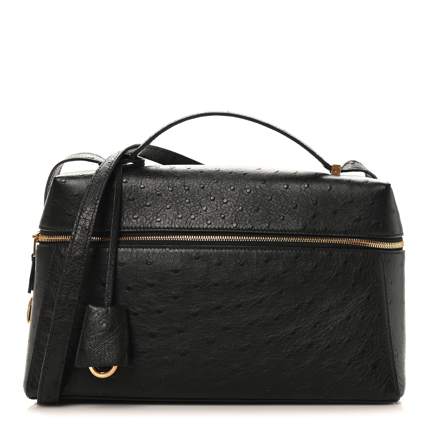 Black ostrich leather top-handle bag with front zipper and gold-tone hardware.