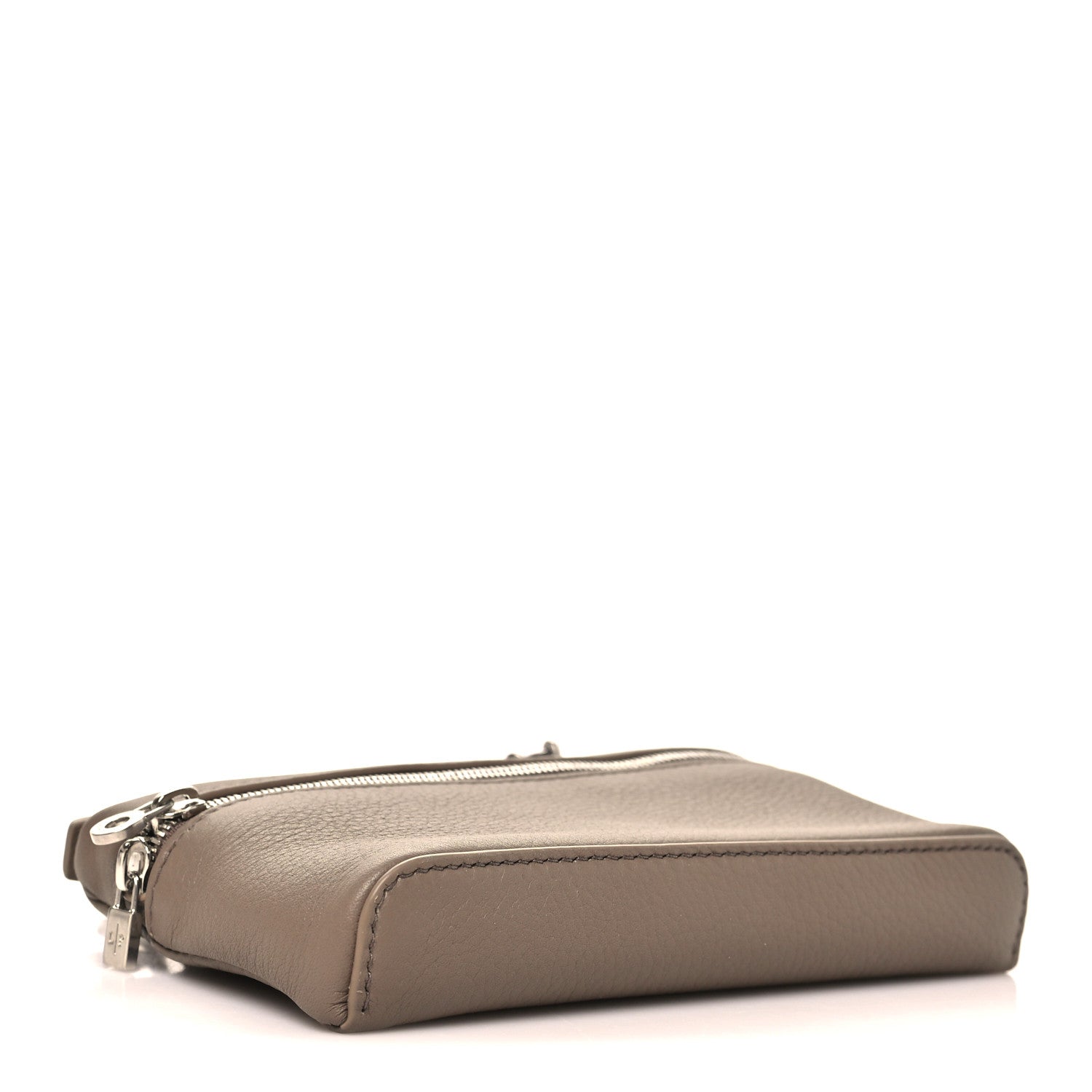 Mini leather pouch with top zipper and rounded base, viewed from side