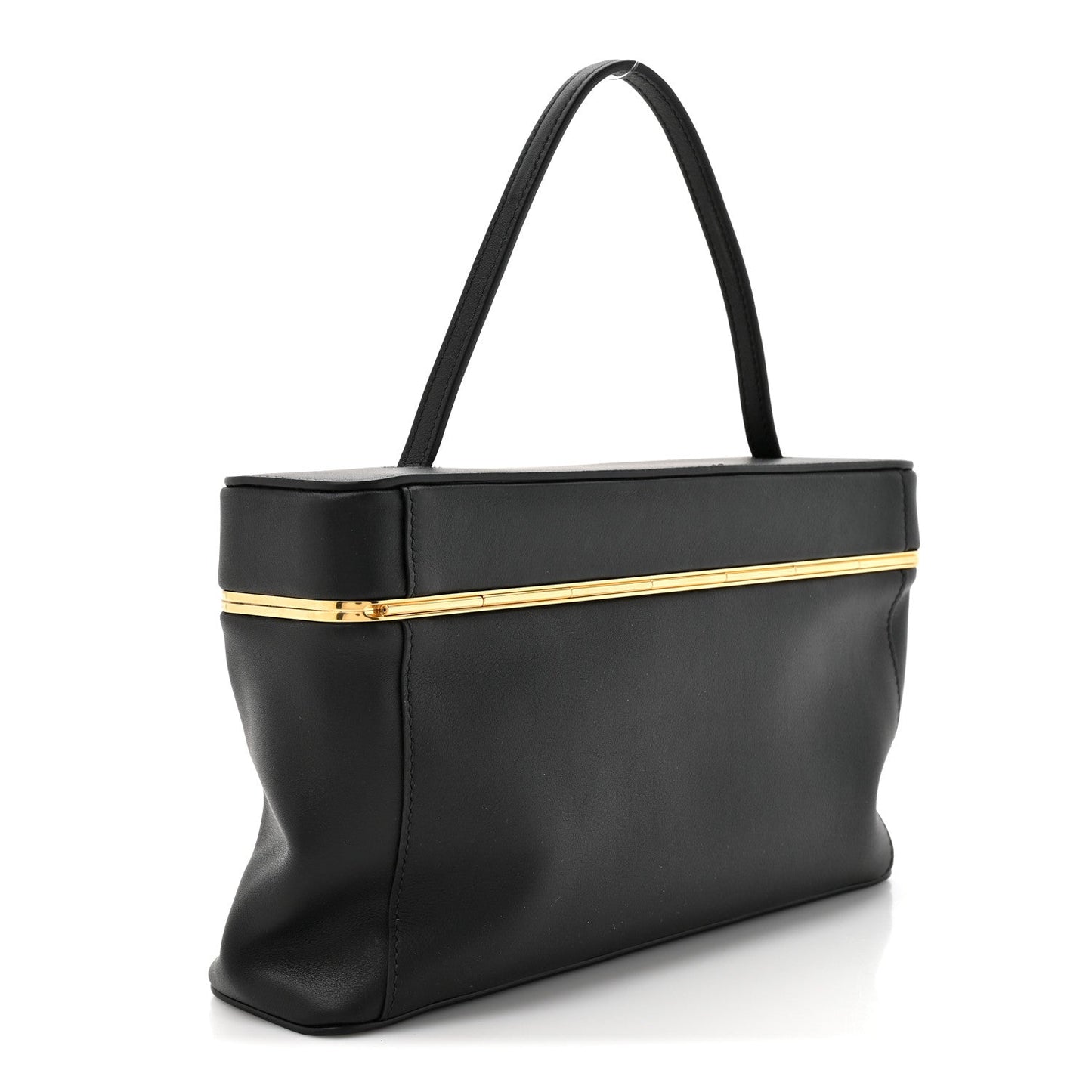 Black leather rectangle bag with top handles and gold-tone zipper bar