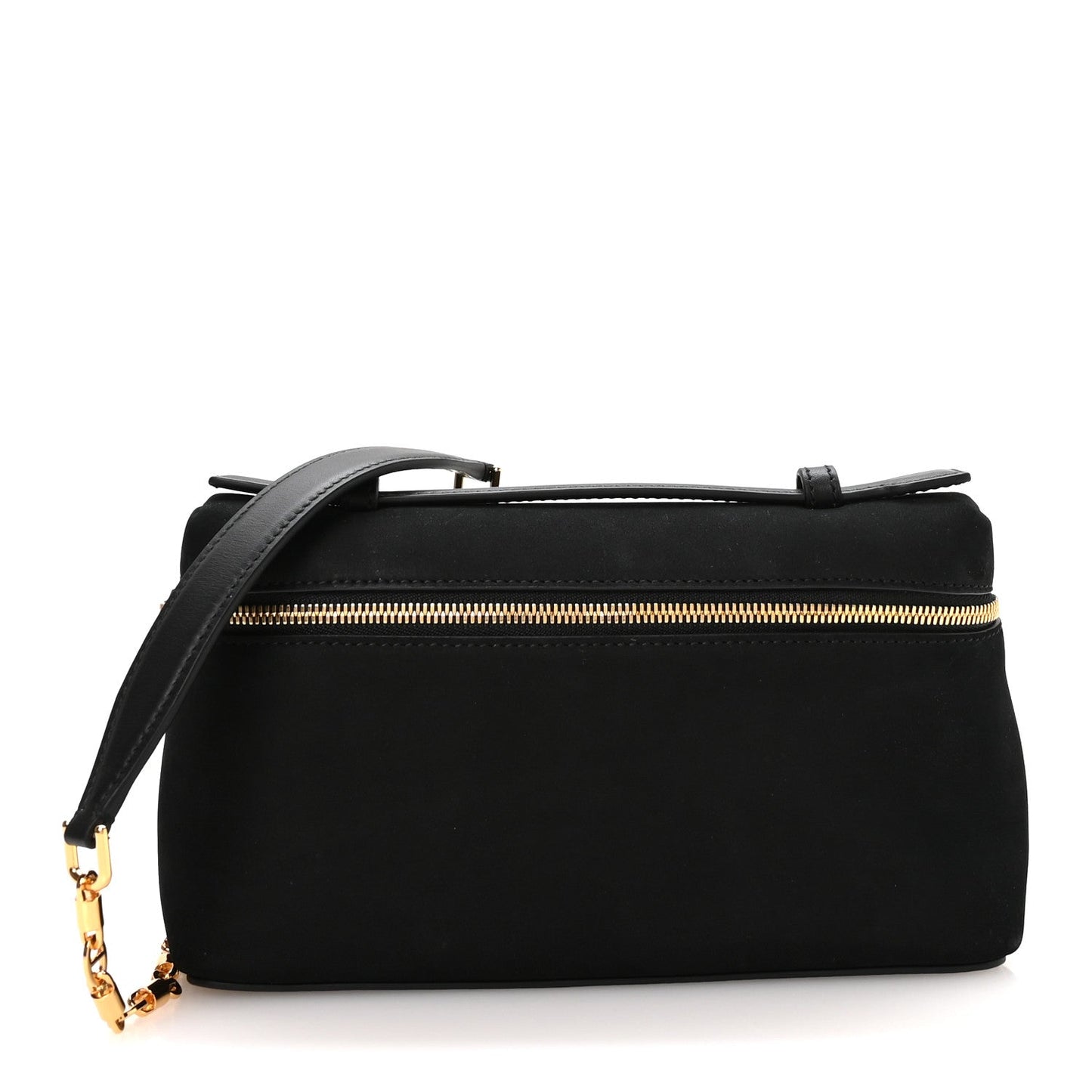 Black nubuck crossbody pouch with top zip and gold chain strap