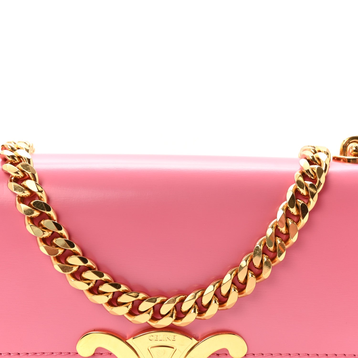 Flamingo pink leather bag front with gold Triomphe emblem and chain